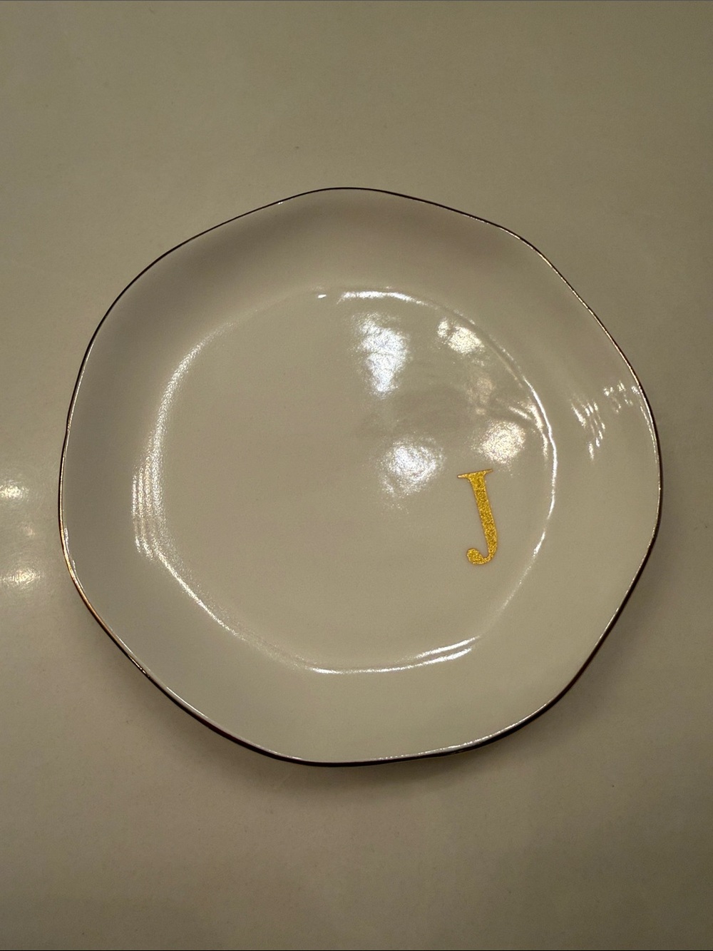 White Ceramic Jewelry Dish with Gold 'J' Accent and Gold Rim
